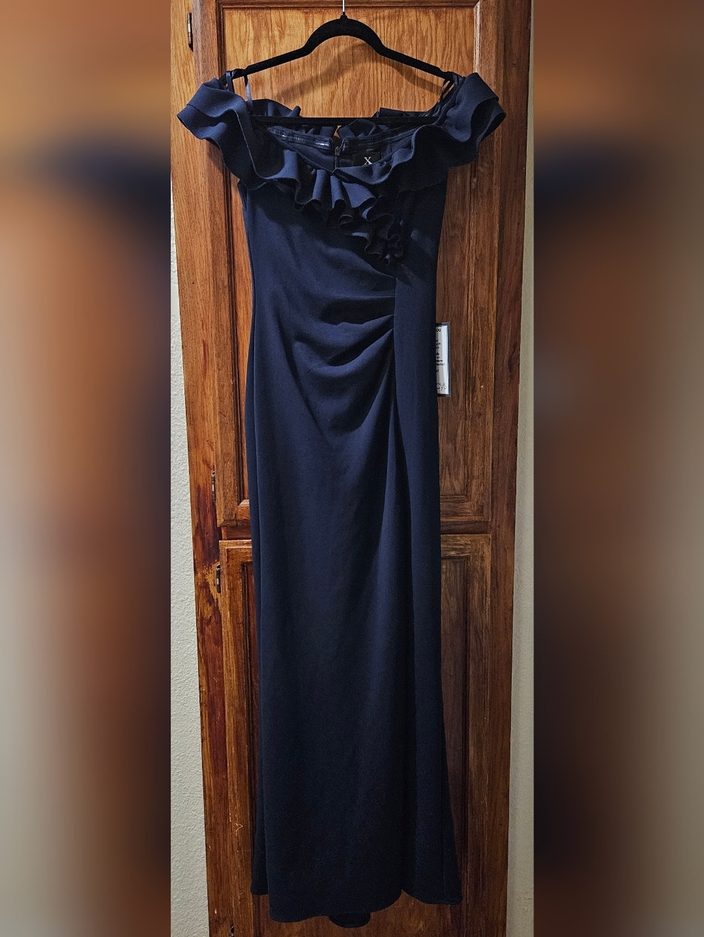X by Xscape Off-Shoulder Navy Ruffle Evening Dress